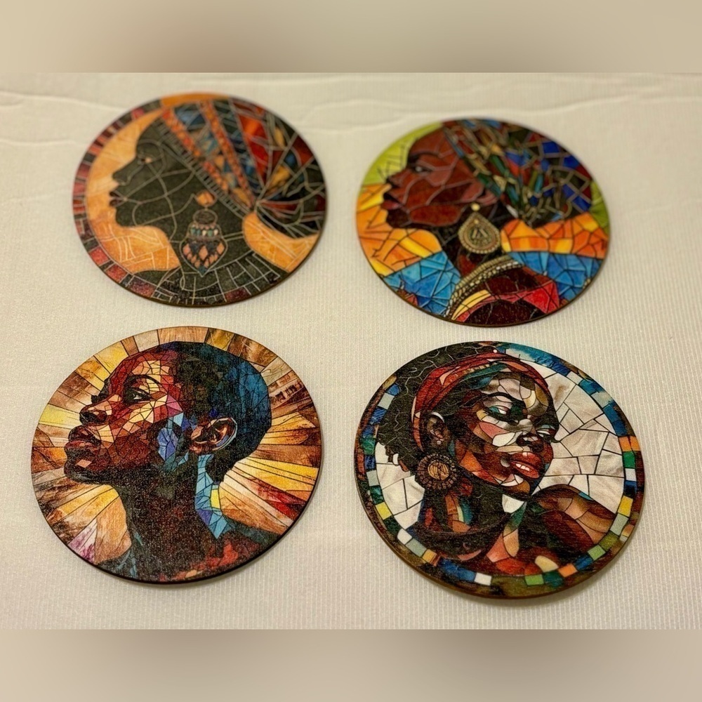 wooden coaster set of 4 with traditional and modern women designs